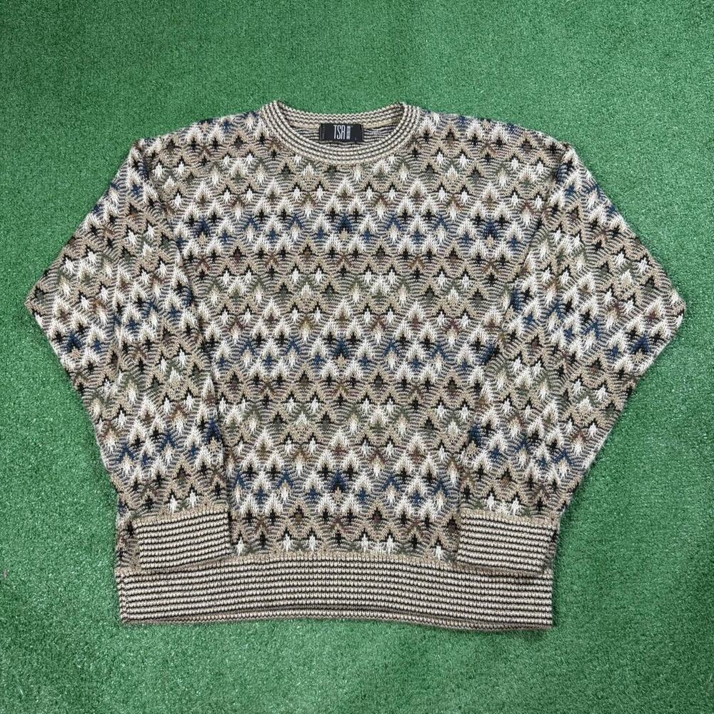 TSR Textured Knit Sweater Made USA Earth Tone Geometric Grandpa Mens L Vintage